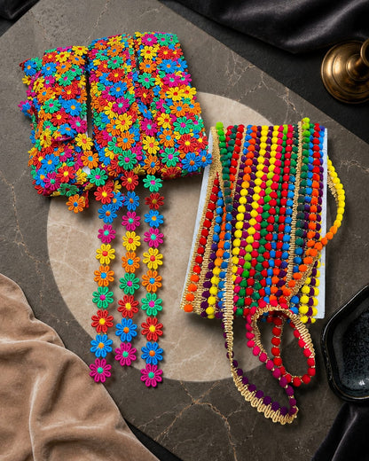 Multicolor Flower & Pom Pom Lace Designer Bundle - Special Combo Offer