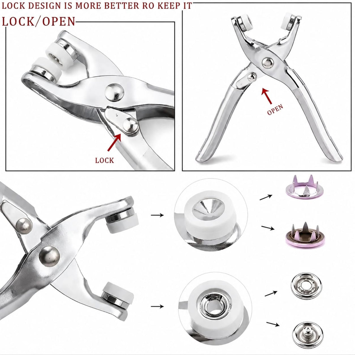 Heavy Duty Titch Button Attaching Plier with Lock & Open Design