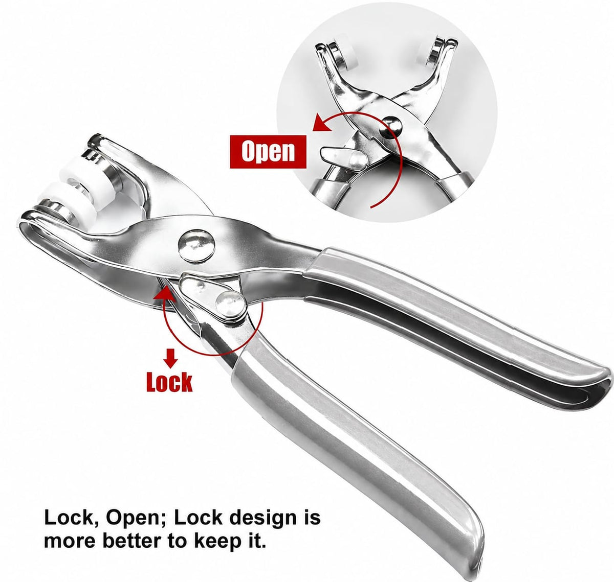 Heavy Duty Titch Button Attaching Plier with Lock & Open Design